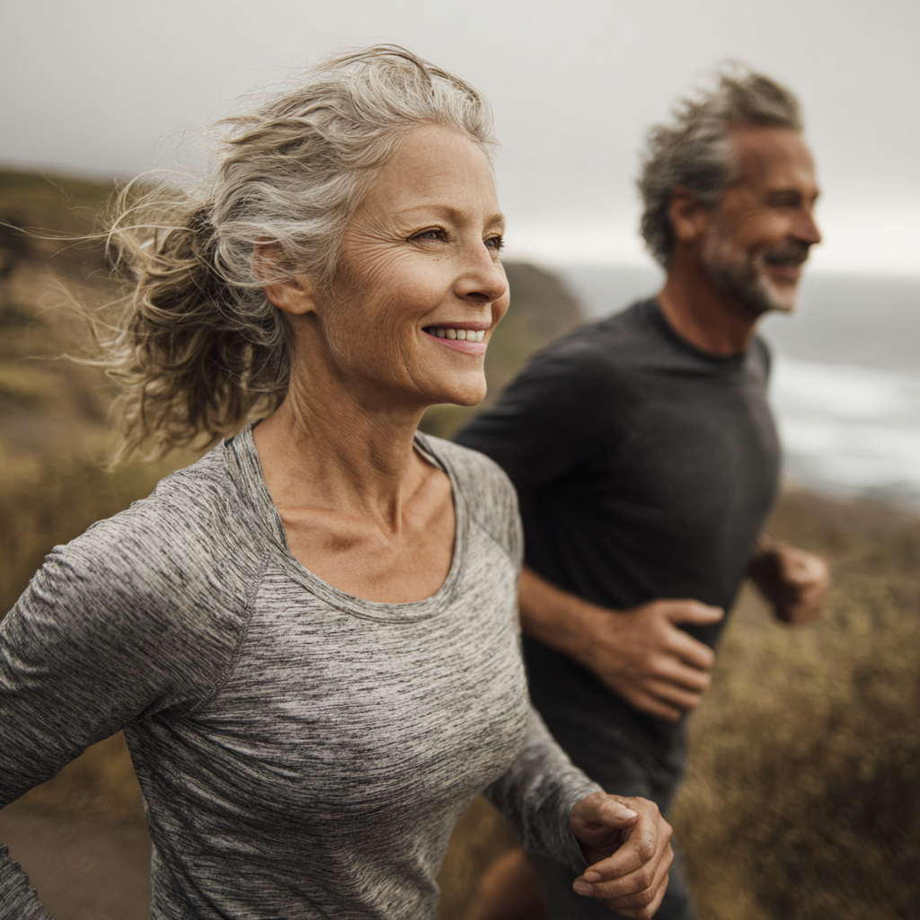 Active mature couple exercising outdoors in natural setting